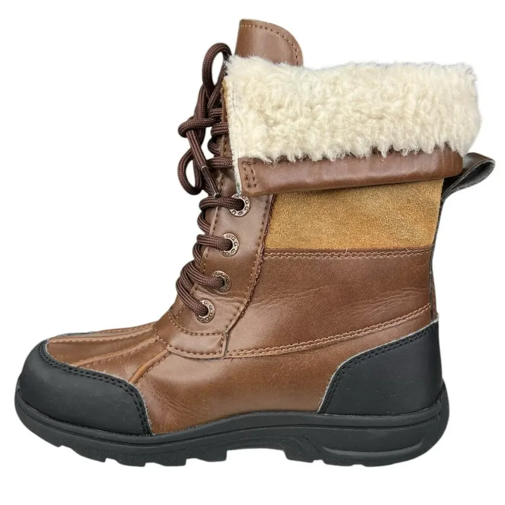 UGG Kids Butte Brown Leather Cuffed Winter Boot Size US 13